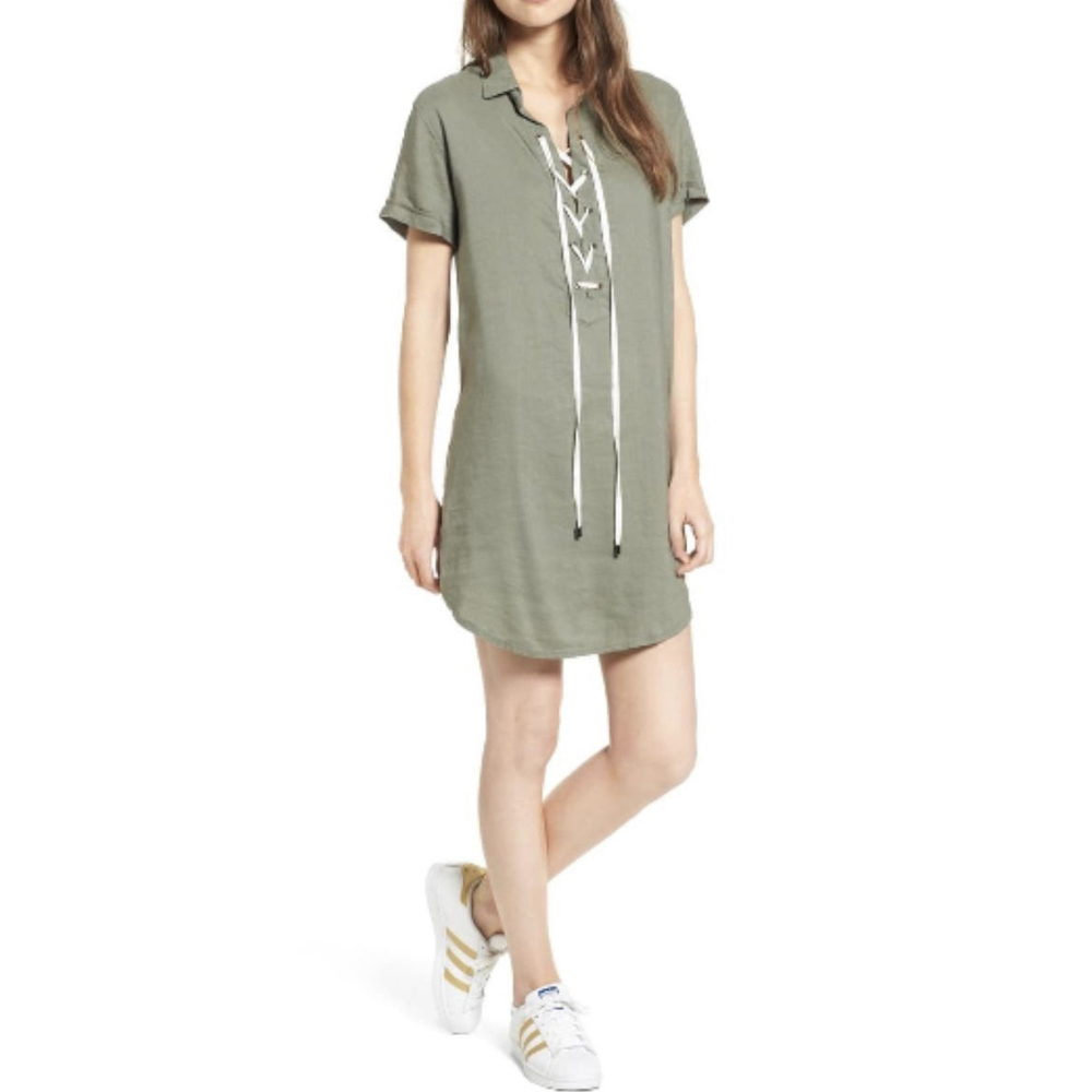 RAILS Rocky Lace Up Shirt Olive Green Mini Dress